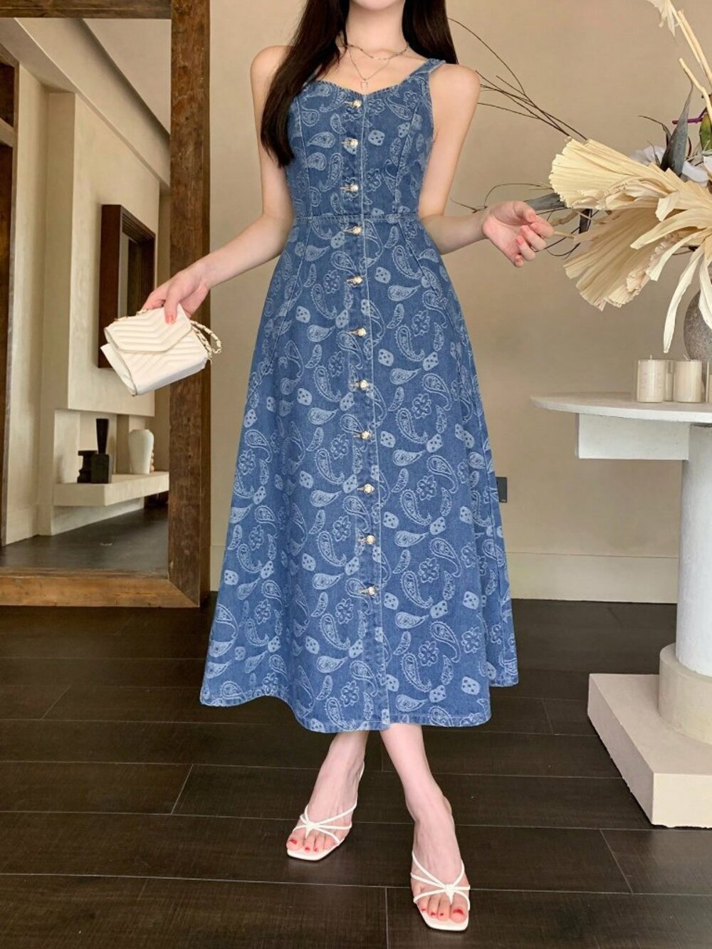 Medium Wash Boho Women's Denim Jacquard midi Dress - Picture 4 of 7